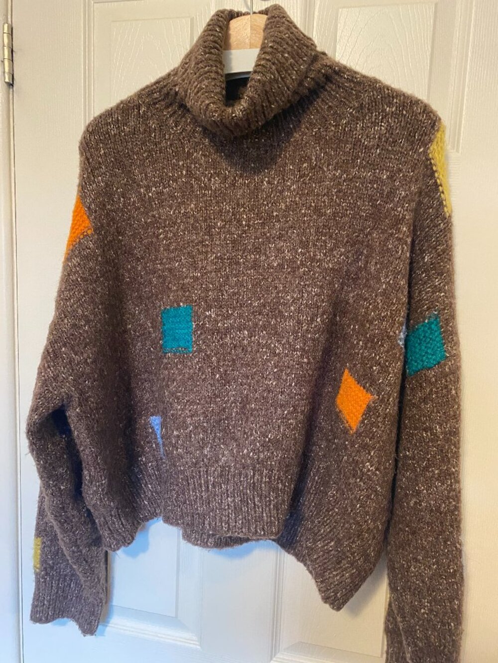 Oak + Fort LUNA Chunky Turtleneck Sweater Brown Colorblock Square Knit OS